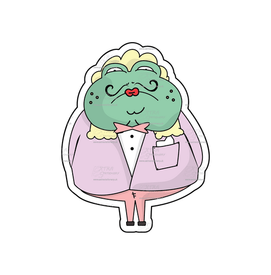 Stylish frog in a suit and bow tie, with a black mustacho sticker, redefining amphibian elegance.