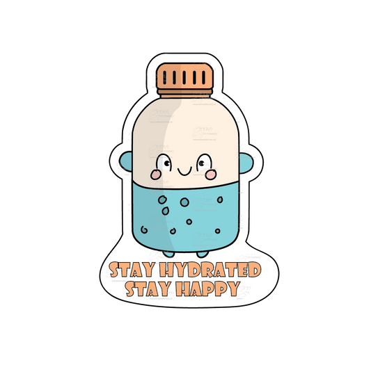 Sticker of a cute water bottle with a smiling face, accompanied by the text 'Stay Hydrated Stay Happy,' radiating positivity and wellness.