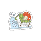 Sticker of a cute snail carrying a cozy house on its back, adorned with a happy mushroom friend on the roof, radiating warmth and friendship.