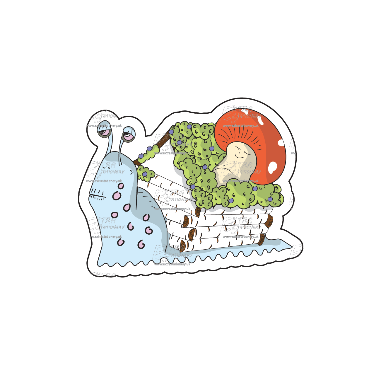 Sticker of a cute snail carrying a cozy house on its back, adorned with a happy mushroom friend on the roof, radiating warmth and friendship.