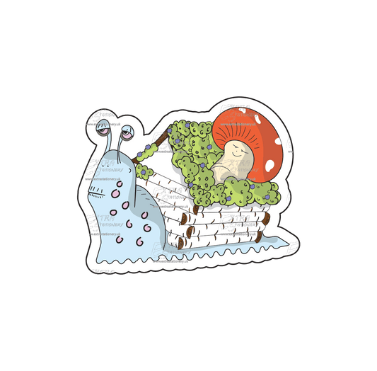 Sticker of a cute snail carrying a cozy house on its back, adorned with a happy mushroom friend on the roof, radiating warmth and friendship.