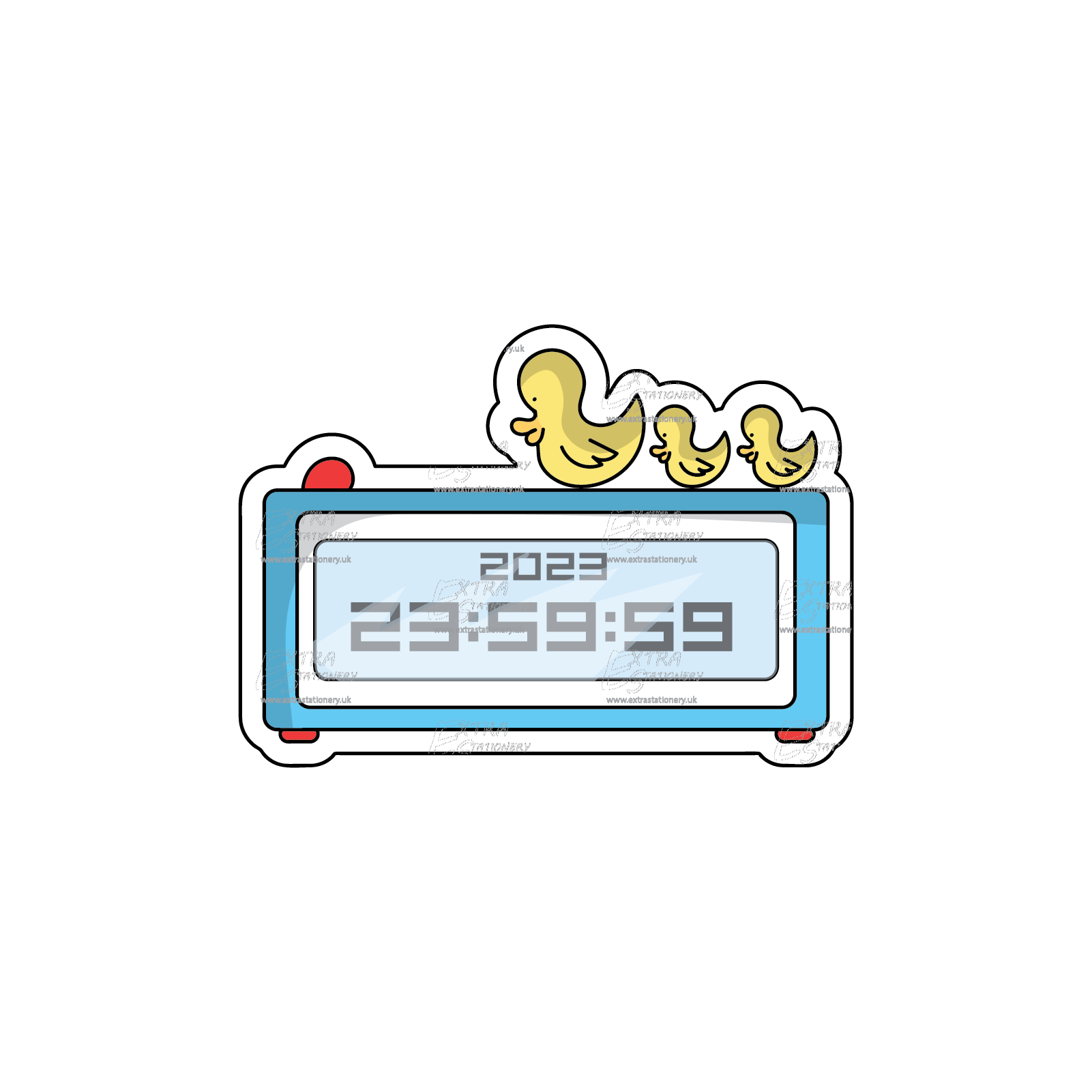 A sticker featuring an alarm clock set at 23:59 with ducks on top, symbolizing the countdown to the New Year.