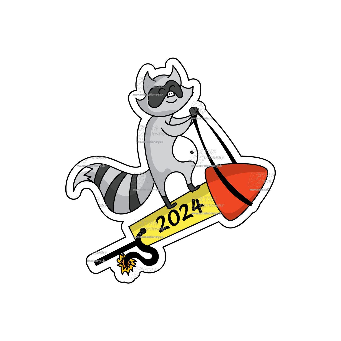 An adorable sticker of a raccoon riding a rocket, adding a cute and cool touch to your New Year celebrations.