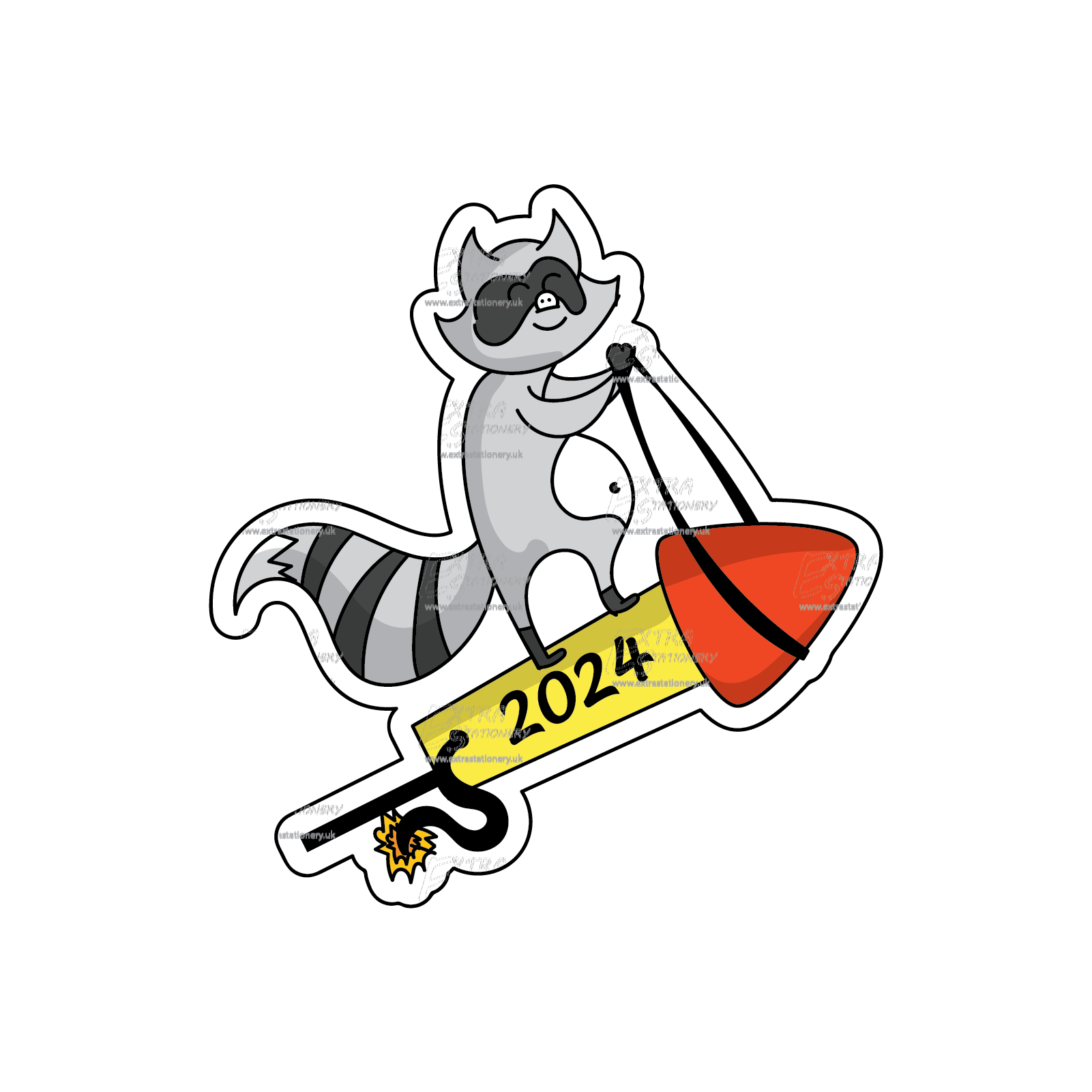 An adorable sticker of a raccoon riding a rocket, adding a cute and cool touch to your New Year celebrations.