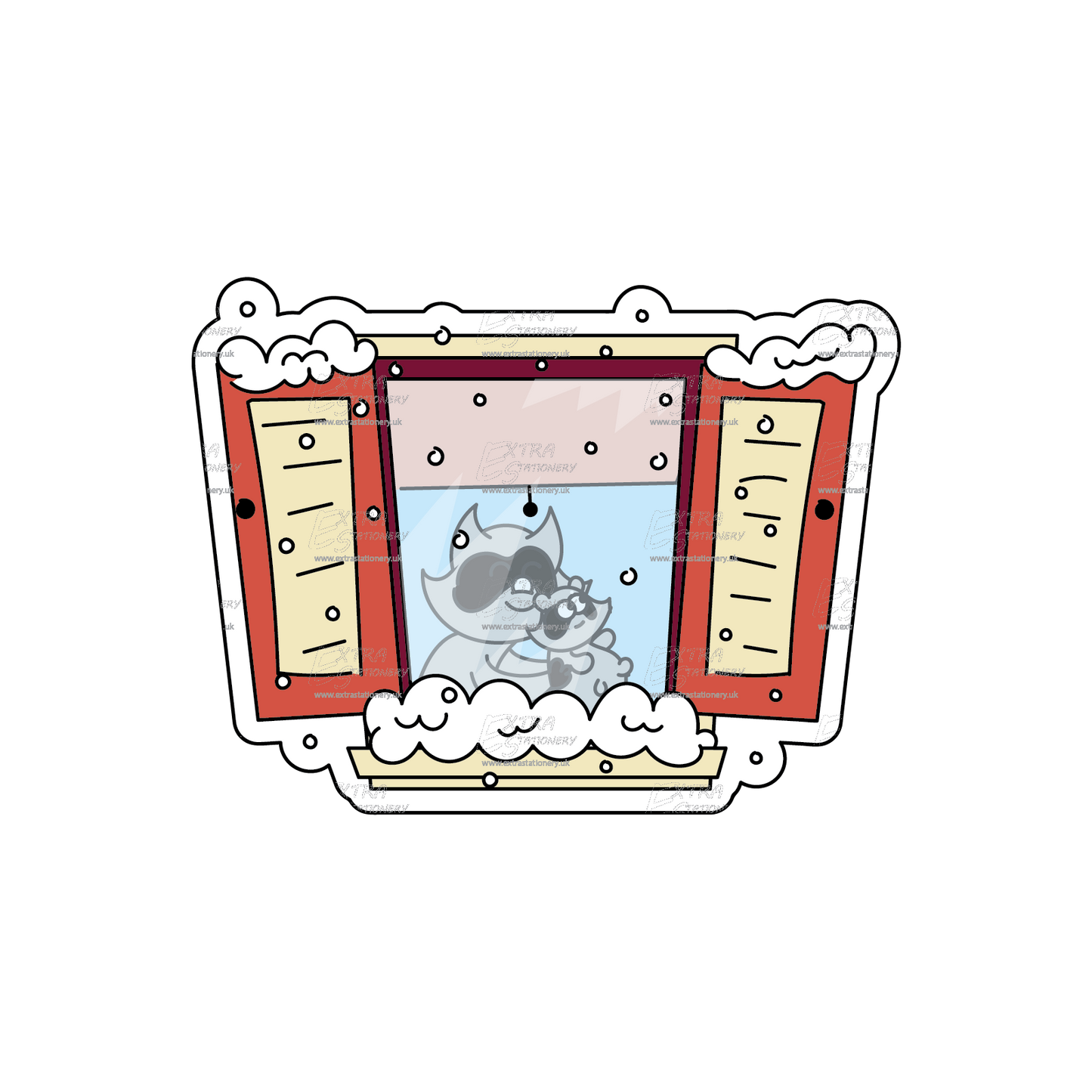 A heartwarming sticker of a raccoon family looking through a snowy window, evoking the warmth of the season.