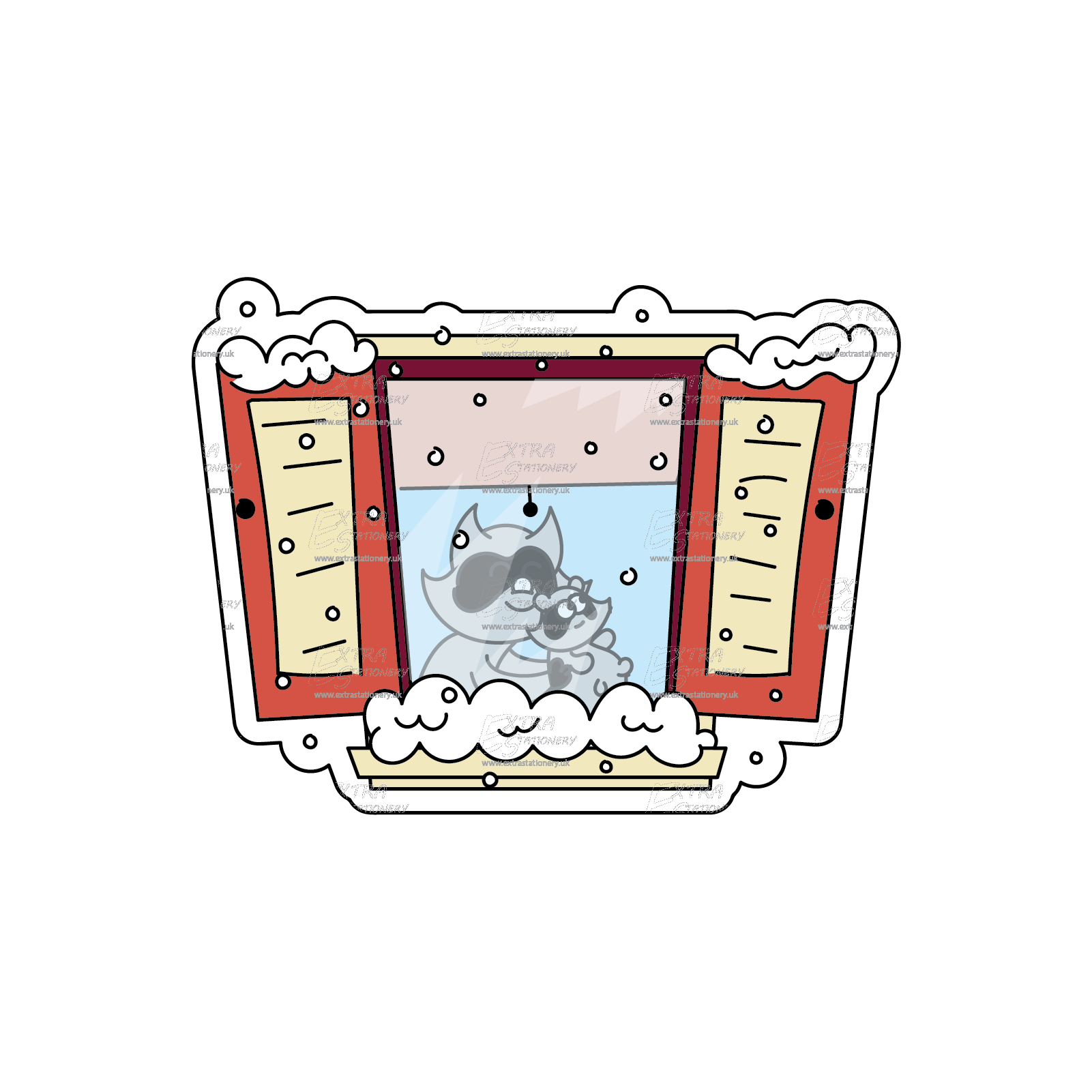 A heartwarming sticker of a raccoon family looking through a snowy window, evoking the warmth of the season.