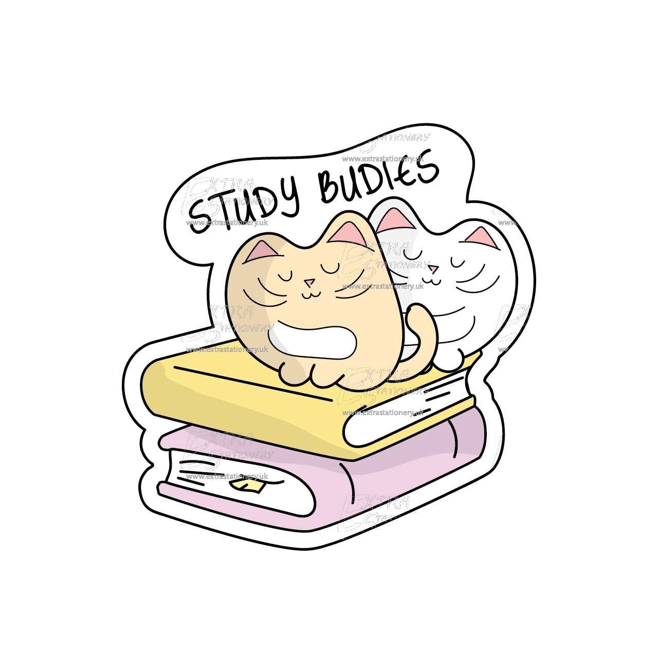 Two cute kittens sitting on books sticker, exemplifying the joy of studying together.