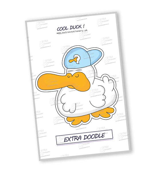 cool duck sticker, a stylish duck wearing a cap with a duck drawing, exuding a playful and unique sense of style