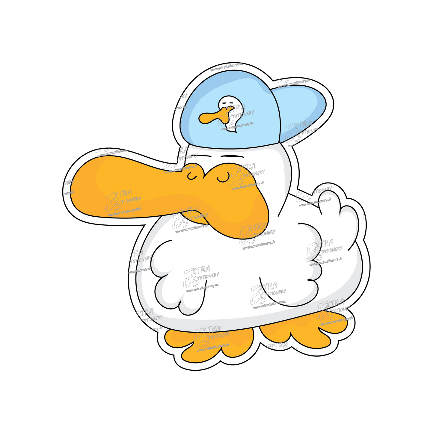 cool duck sticker, a stylish duck wearing a cap with a duck drawing, exuding a playful and unique sense of style