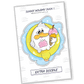 Sticker of a cute duck on an inflatable toy in a swimming pool, clutching an ice cream and exuding the joy of a sunny holiday and leisure.