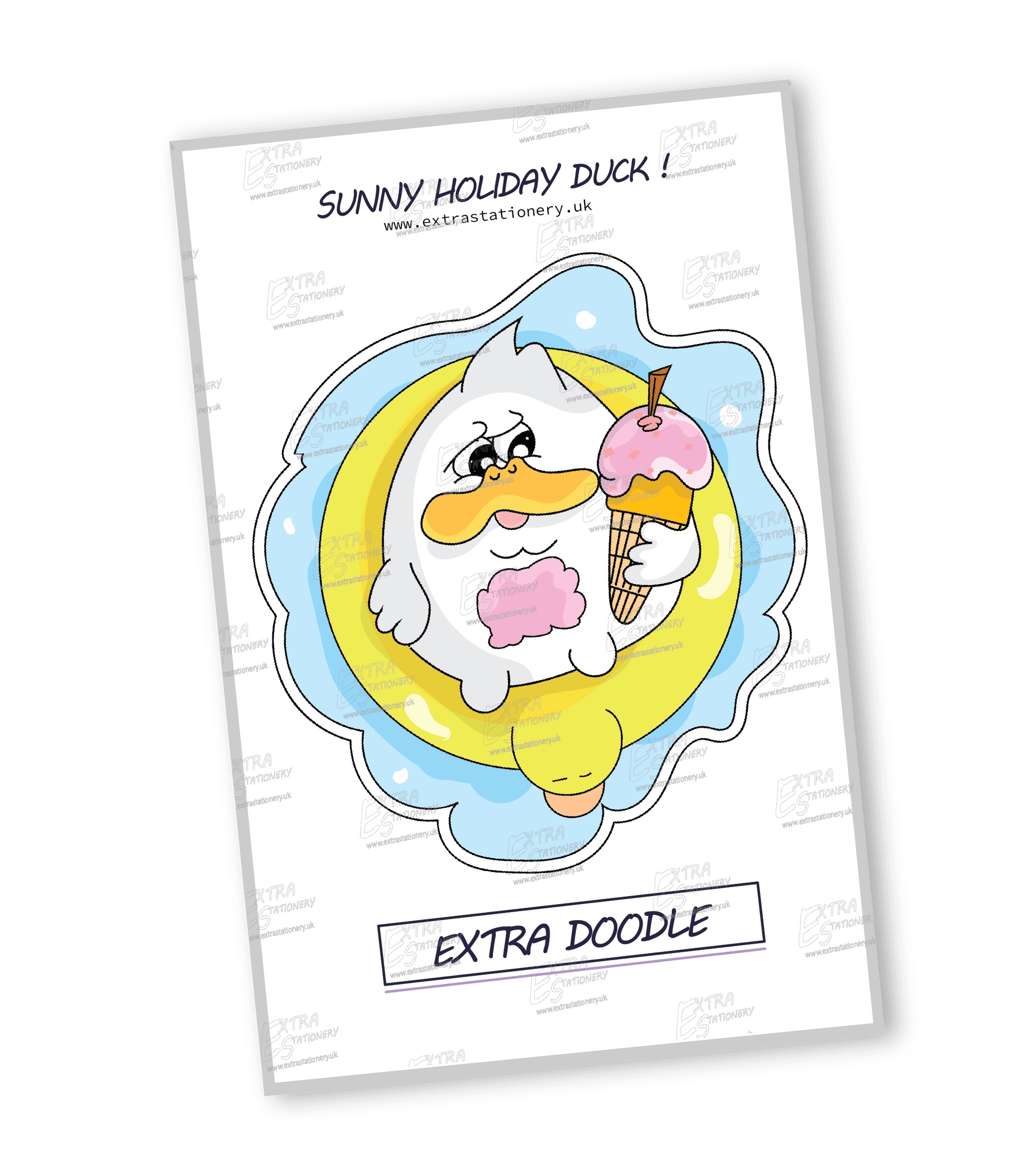 Sticker of a cute duck on an inflatable toy in a swimming pool, clutching an ice cream and exuding the joy of a sunny holiday and leisure.