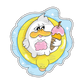 Sticker of a cute duck on an inflatable toy in a swimming pool, clutching an ice cream and exuding the joy of a sunny holiday and leisure.