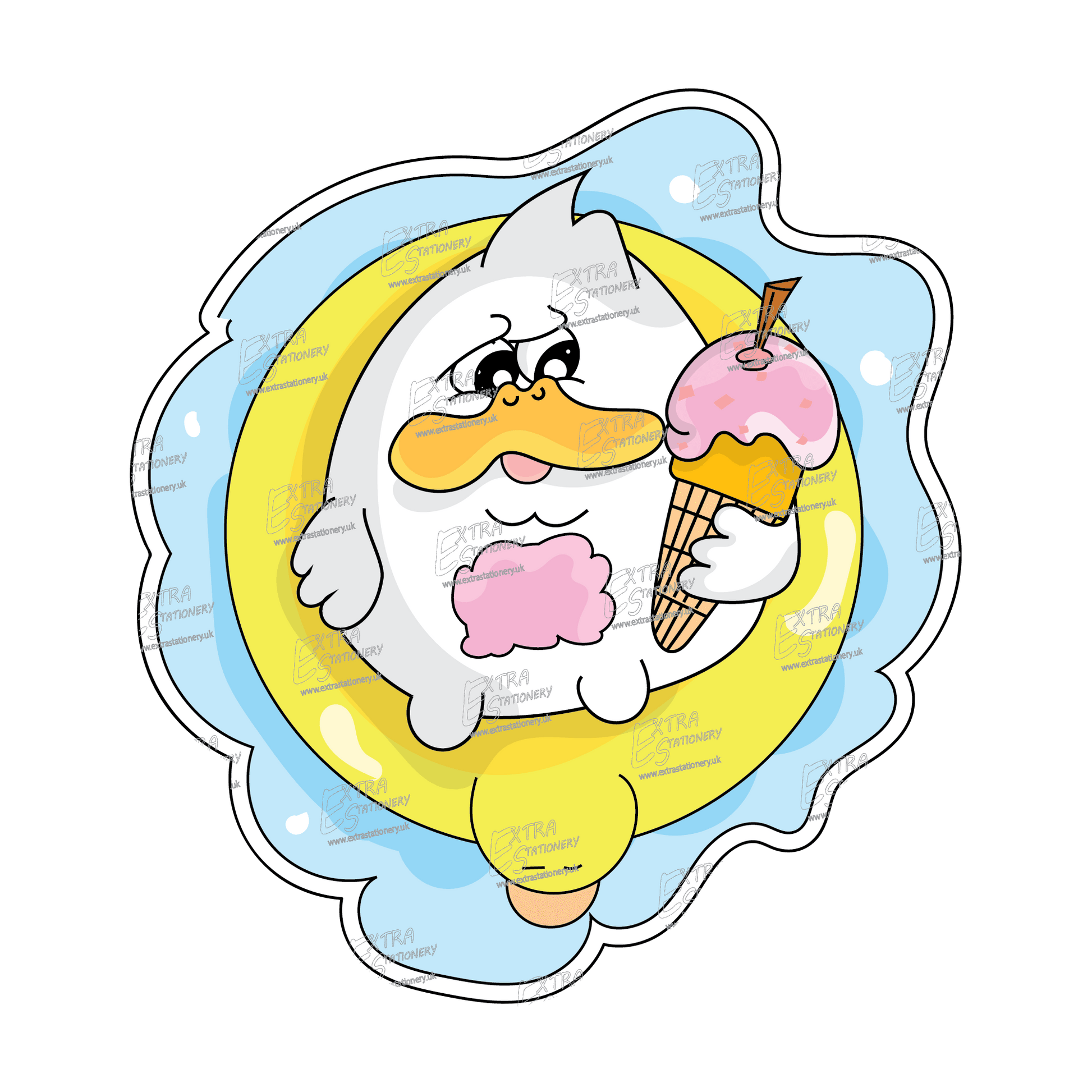 Sticker of a cute duck on an inflatable toy in a swimming pool, clutching an ice cream and exuding the joy of a sunny holiday and leisure.