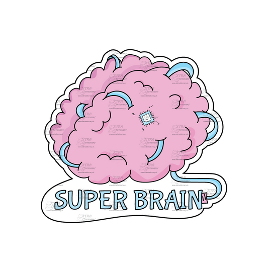 A sticker depicting a brain with futuristic modifications and the text 'Super Brain,' symbolizing advanced intelligence and technological enhancement.