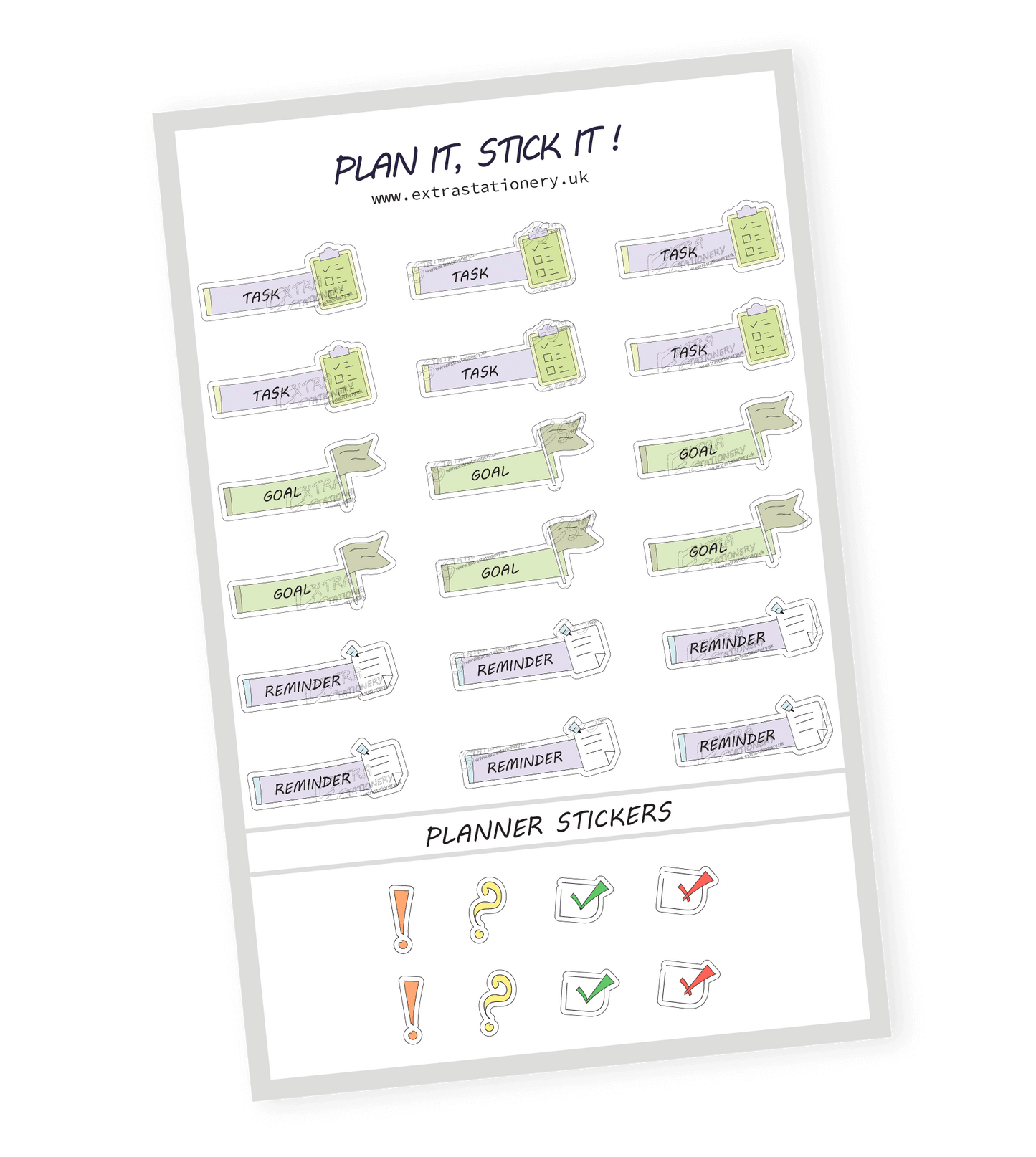 Productivity planner sticker sheet with task, goal, and reminder stickers - 18 stickers in total (6 of each type)