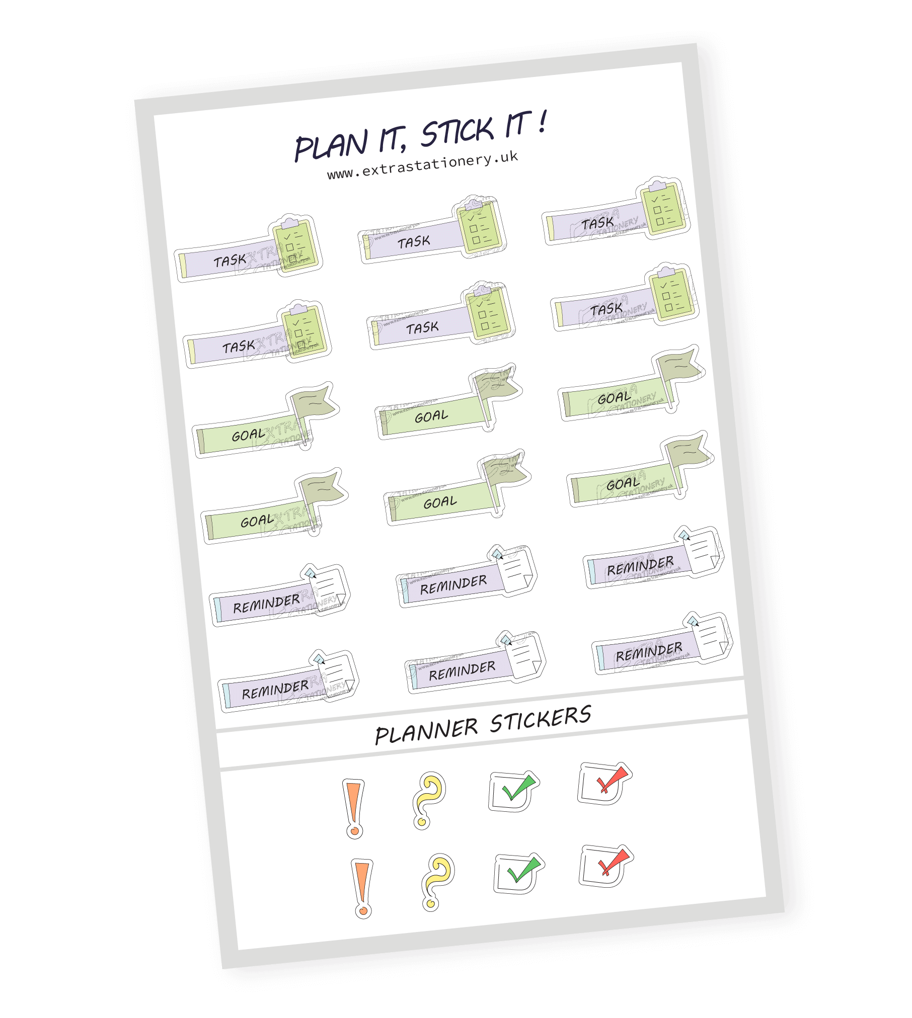 Productivity planner sticker sheet with task, goal, and reminder stickers - 18 stickers in total (6 of each type)