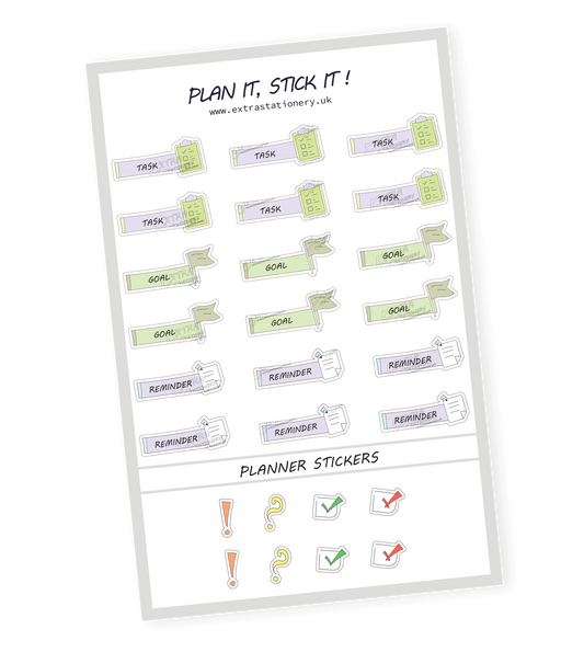 Productivity planner sticker sheet with task, goal, and reminder stickers - 18 stickers in total (6 of each type)