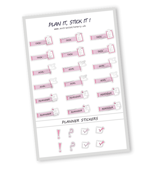 Rose Fusion color, Productivity planner sticker sheet with task, goal, and reminder stickers - 18 stickers in total (6 of each type)