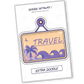 A 'TRAVEL' sticker featuring cool colors with a beach and sea waves background, encapsulating the allure of seaside adventures