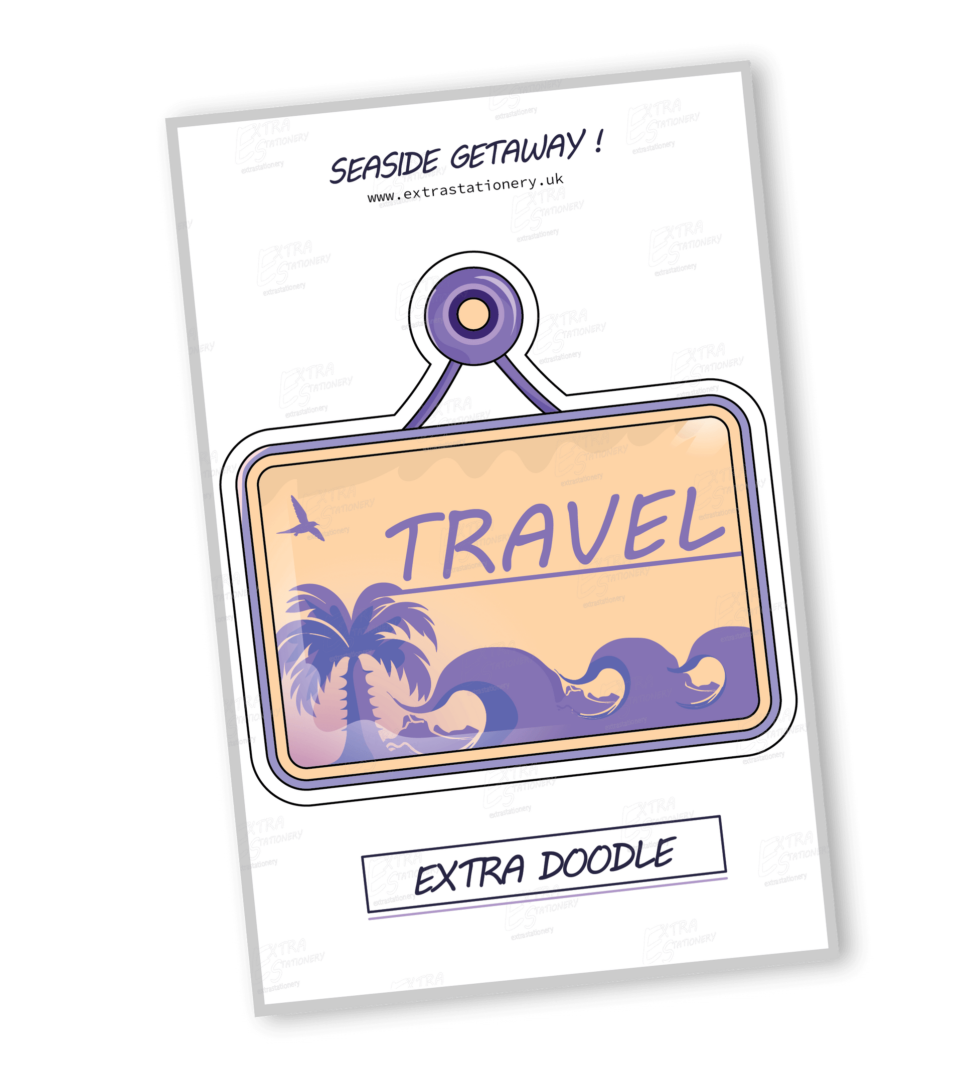 A 'TRAVEL' sticker featuring cool colors with a beach and sea waves background, encapsulating the allure of seaside adventures