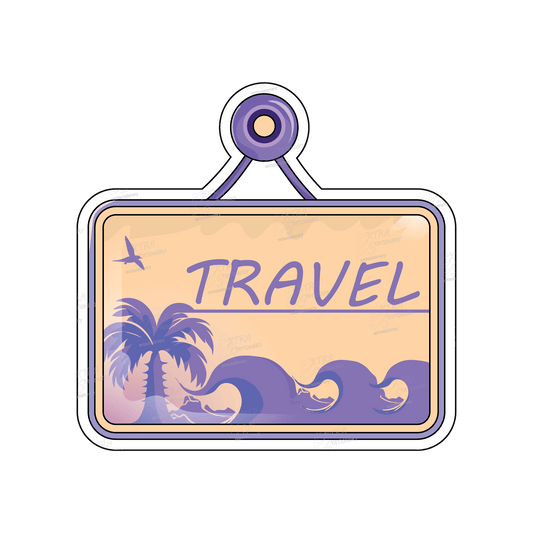 A 'TRAVEL' sticker featuring cool colors with a beach and sea waves background, encapsulating the allure of seaside adventures