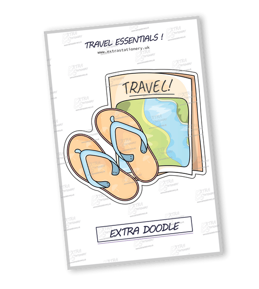 A 'TRAVEL' sticker with a paper map and pool sandals decorated with tiny umbrellas, embodying the spirit of adventure and beach vacations.