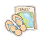 A 'TRAVEL' sticker with a paper map and pool sandals decorated with tiny umbrellas, embodying the spirit of adventure and beach vacations.