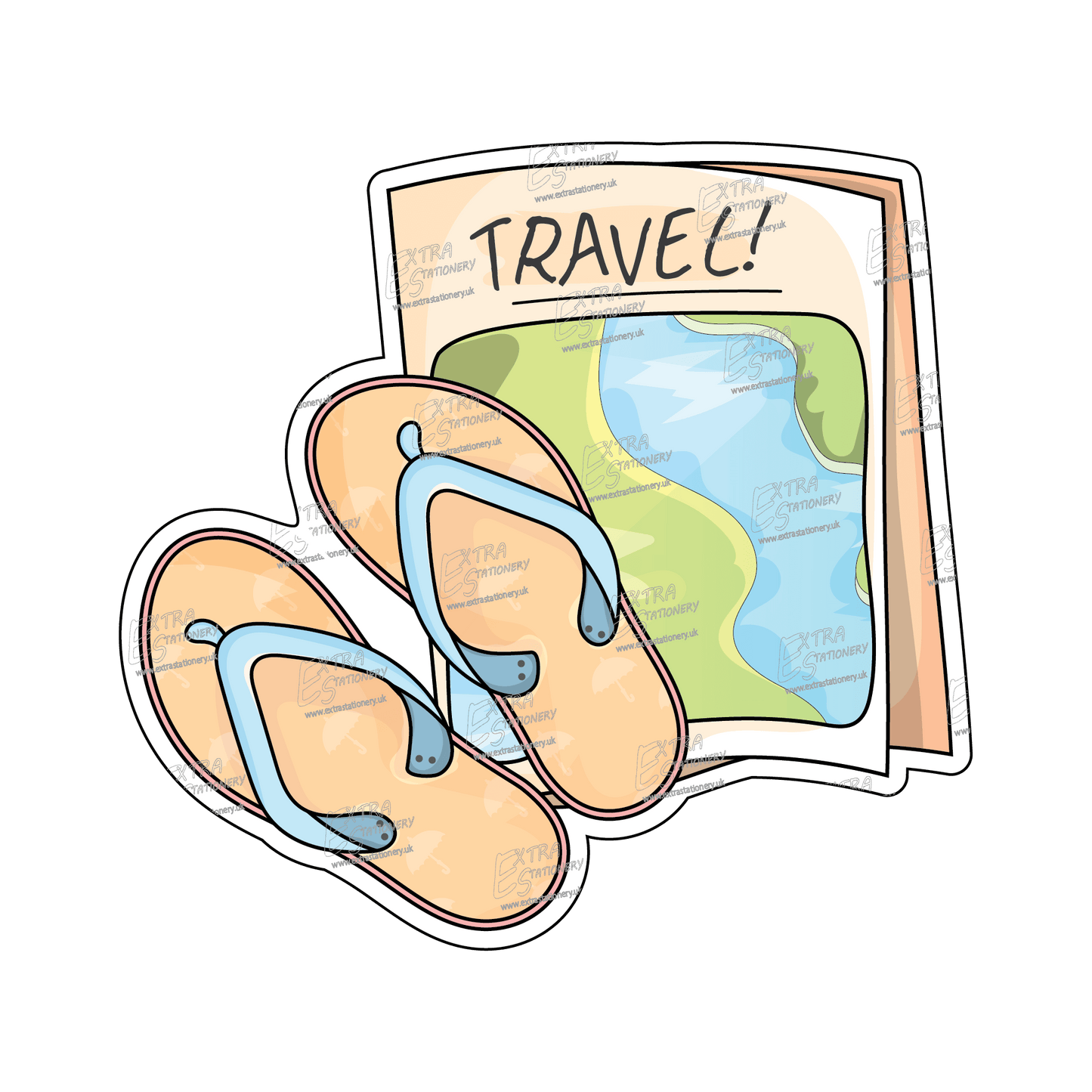 A 'TRAVEL' sticker with a paper map and pool sandals decorated with tiny umbrellas, embodying the spirit of adventure and beach vacations.