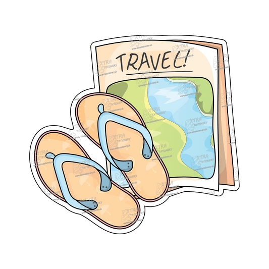 A 'TRAVEL' sticker with a paper map and pool sandals decorated with tiny umbrellas, embodying the spirit of adventure and beach vacations.