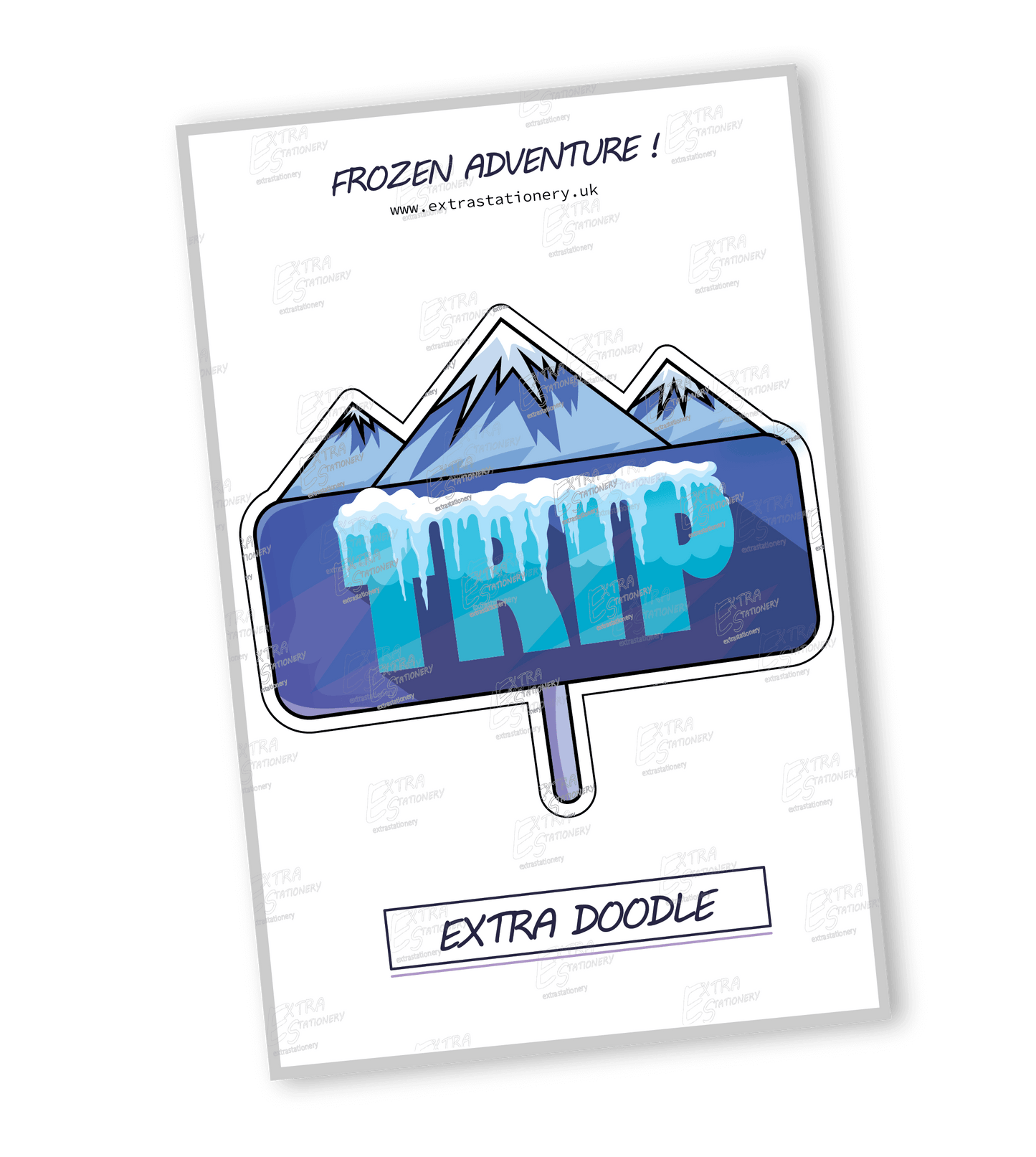 A sticker showcasing the word 'TRIP' with a backdrop of cool mountains, the sign adorned with ice and snow, symbolizing adventure and exploration