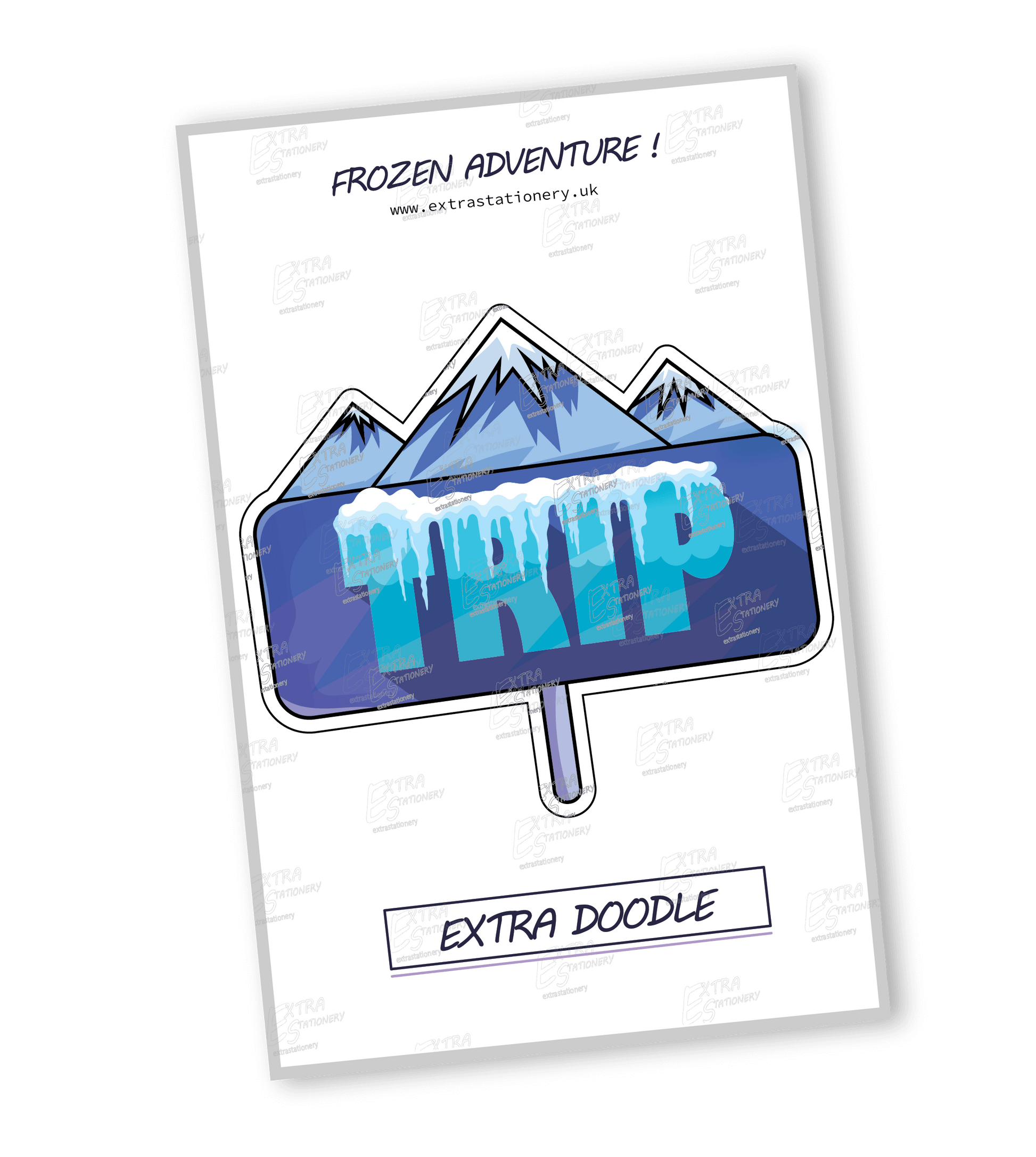 A sticker showcasing the word 'TRIP' with a backdrop of cool mountains, the sign adorned with ice and snow, symbolizing adventure and exploration