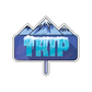 A sticker showcasing the word 'TRIP' with a backdrop of cool mountains, the sign adorned with ice and snow, symbolizing adventure and exploration