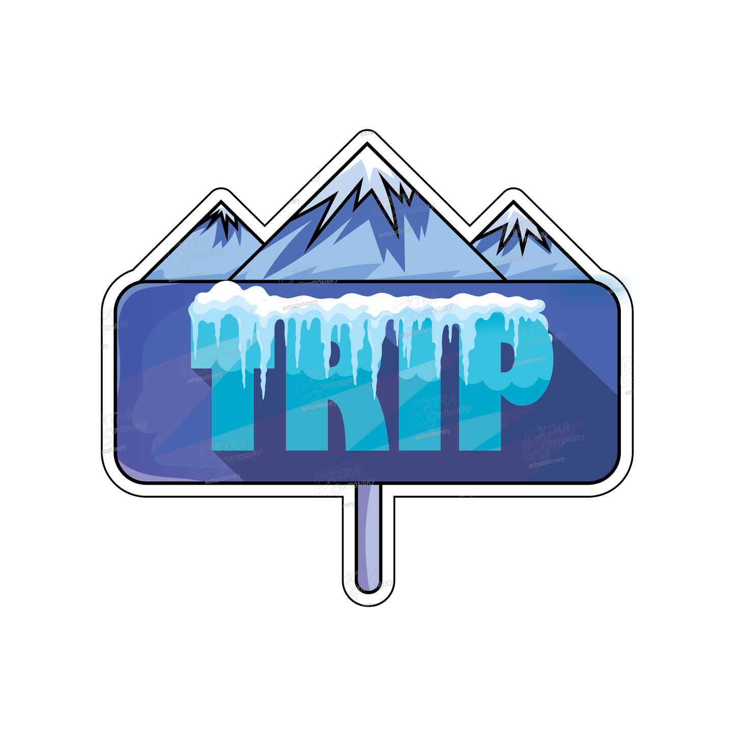 A sticker showcasing the word 'TRIP' with a backdrop of cool mountains, the sign adorned with ice and snow, symbolizing adventure and exploration