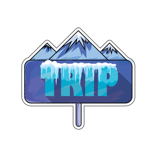 A sticker showcasing the word 'TRIP' with a backdrop of cool mountains, the sign adorned with ice and snow, symbolizing adventure and exploration