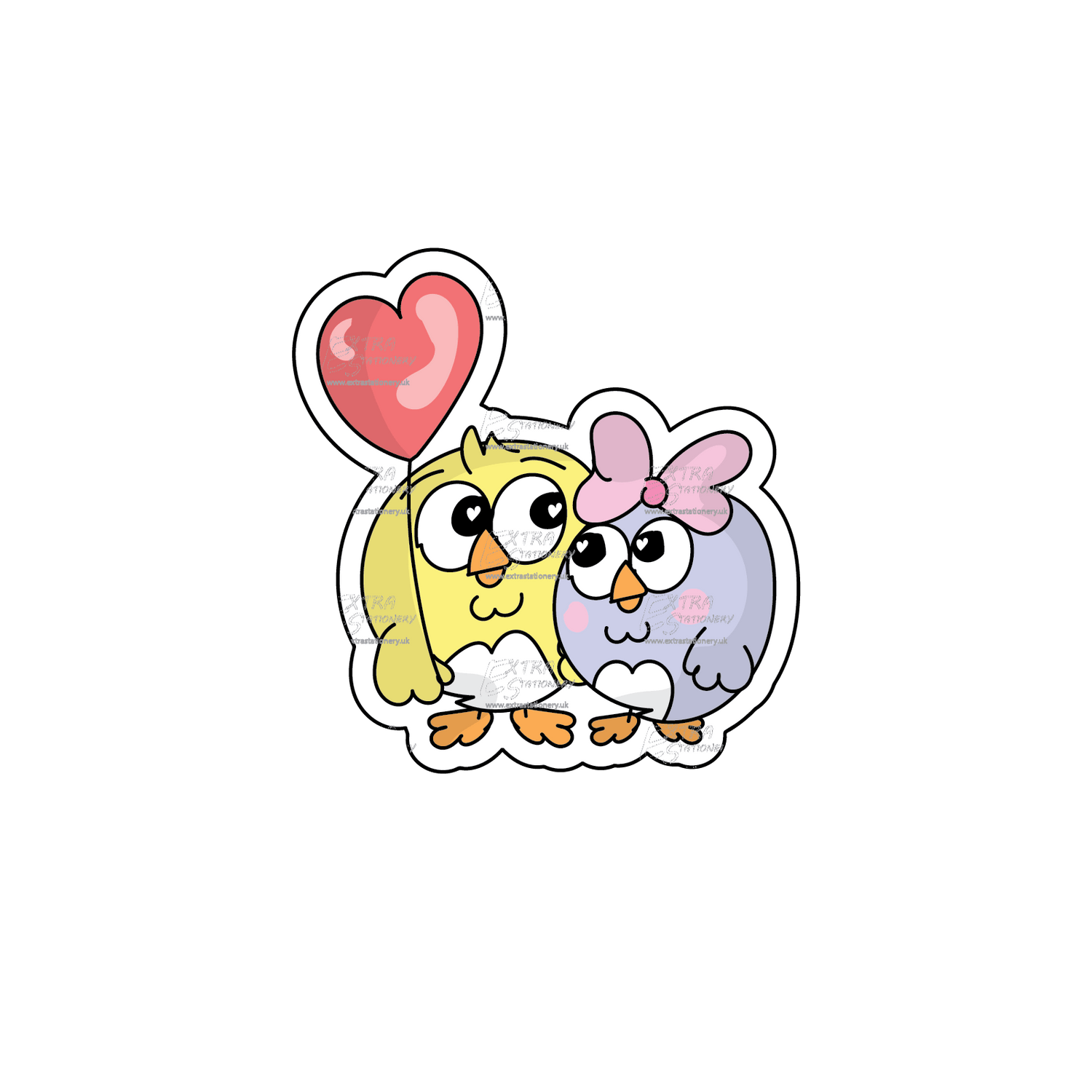 Sticker featuring a charming sticker featuring two lovebirds on a romantic date, complete with a heart-shaped balloon, adding whimsy to your creations.