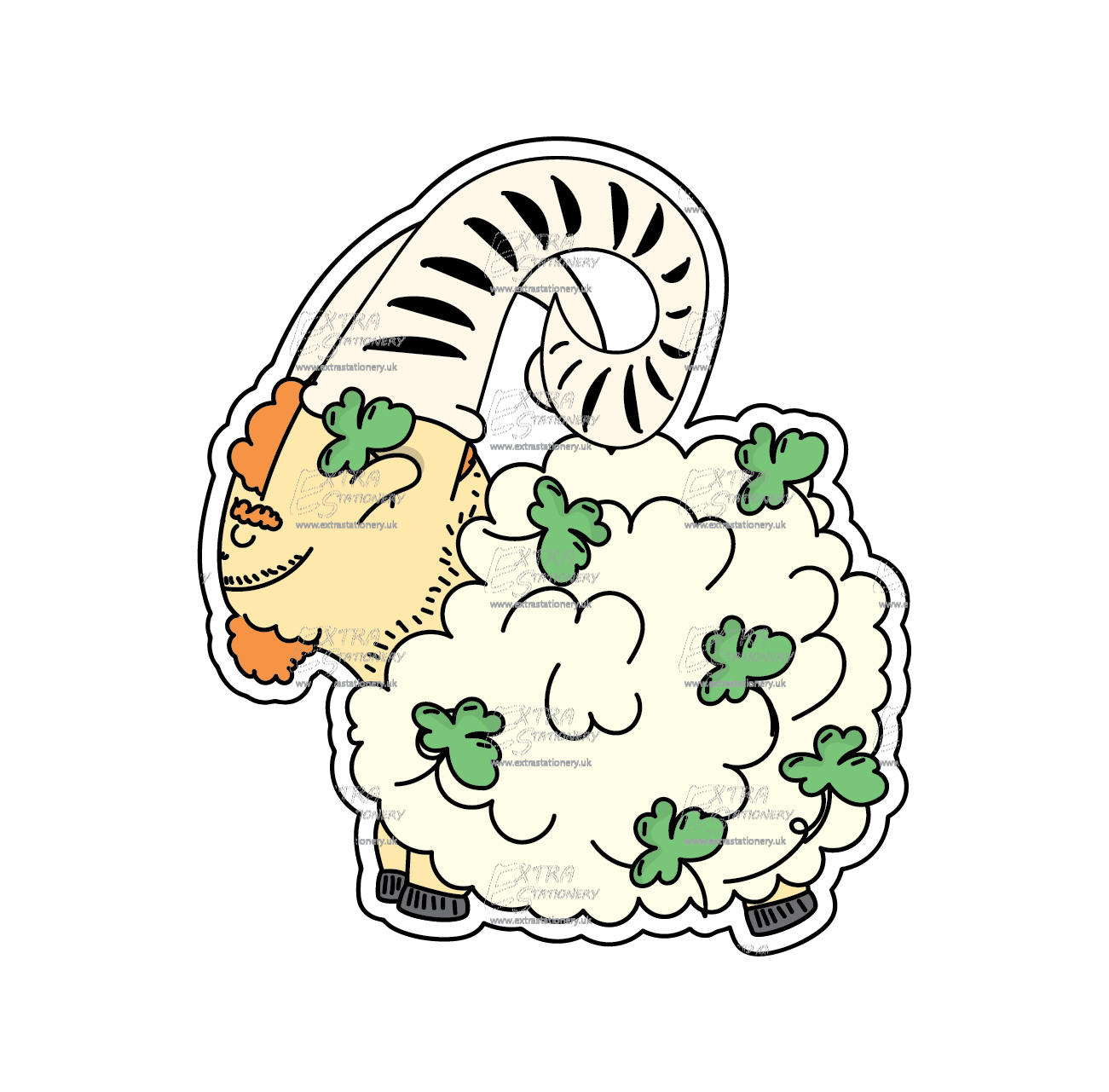 Sticker of a charming Irish goat with a ginger beard and hair, adorned with a lucky charm, embodying playful allure.