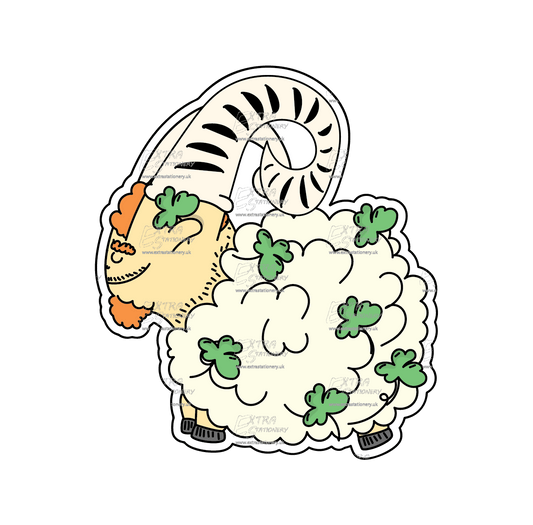 Sticker of a charming Irish goat with a ginger beard and hair, adorned with a lucky charm, embodying playful allure.